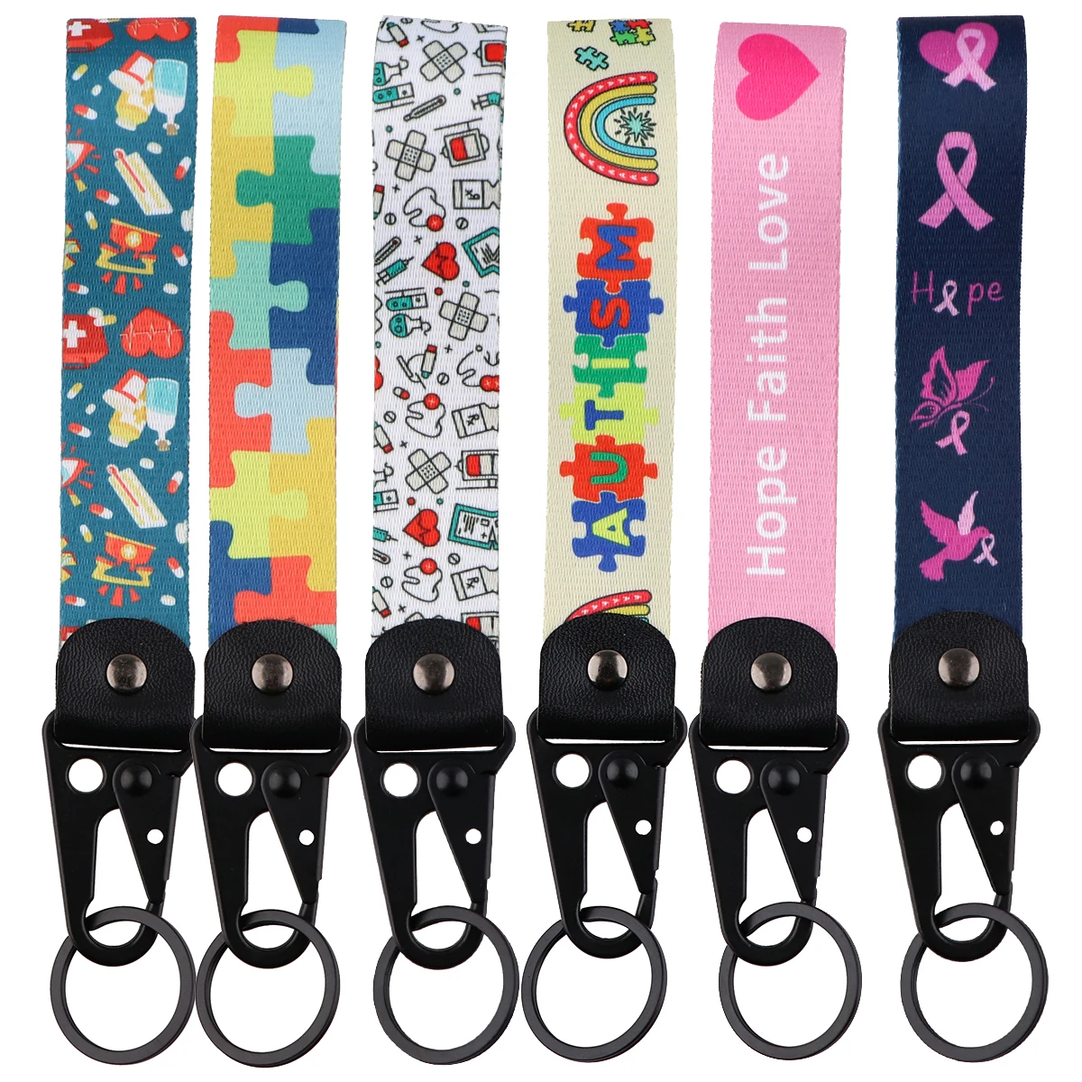 

Autism Awareness Puzzle Mobile Phone Lanyard Short Wrist Rope Pink Ribbon Keychain Chain Rope Doctor Nurse Accessories