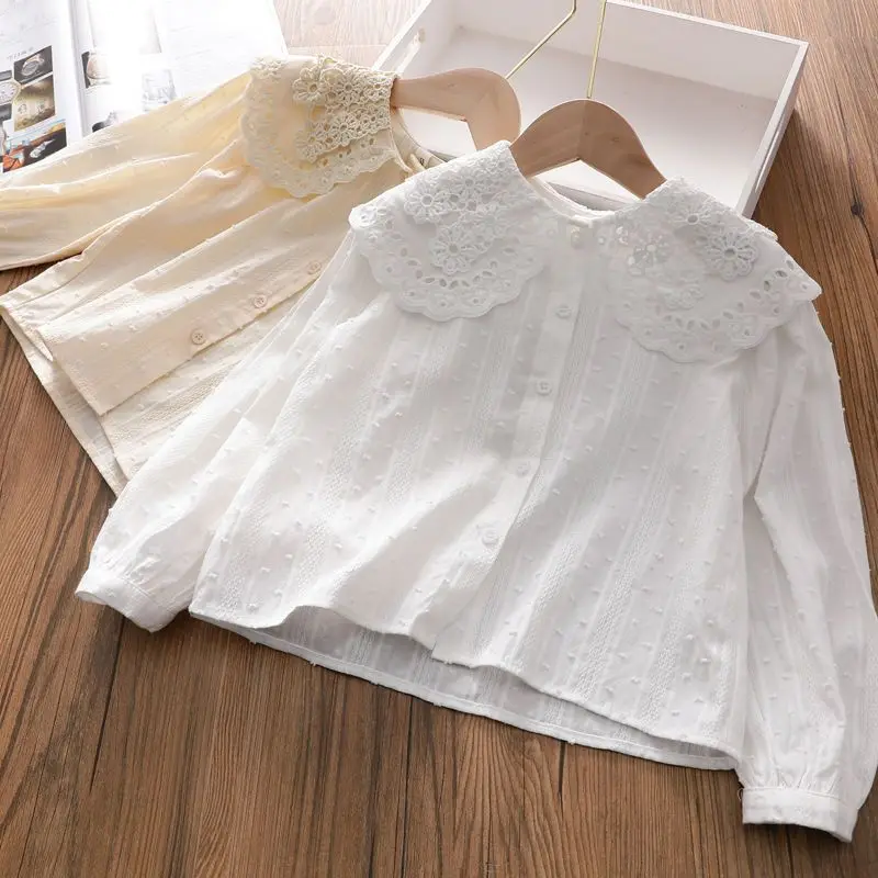 Spring Autumn Teen Girls Cotton Princess Tops 2024 New Fashion Korean Style Lace Lapel Shirts For Girls Coat 2 4 6 8 10 12 Years