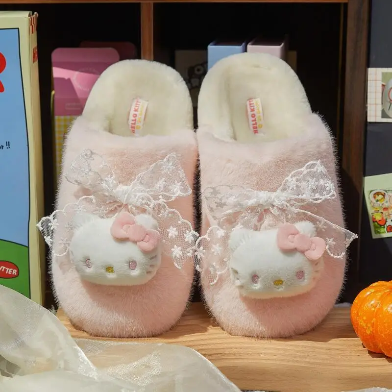 

Hello Kitty Kuromi Autumn Winter Cartoon Girl Cotton Slippers Fleece-Lined Keep Warm Non-Slip Comfortable Parent-Child Slippers
