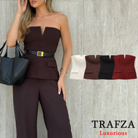 TRAFZA Sexy Corset Brown Slim Tops V Neck Pockets Tube Tops Fashion 2025 Spring Summer Streetwear Y2R Girl Strapless Tops