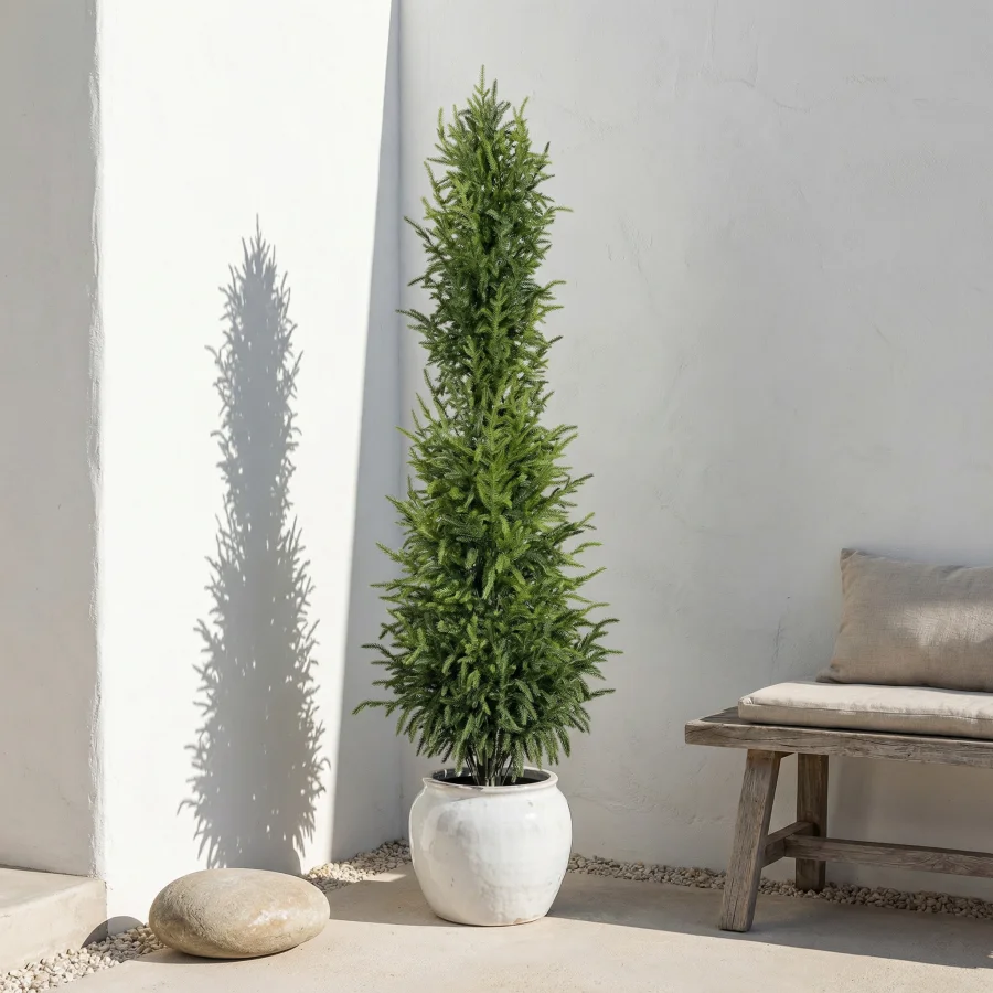 Indoor decoration artificial pine tree with real-touch texture, green color, 5 feet tall, black plastic pot included, lifelike