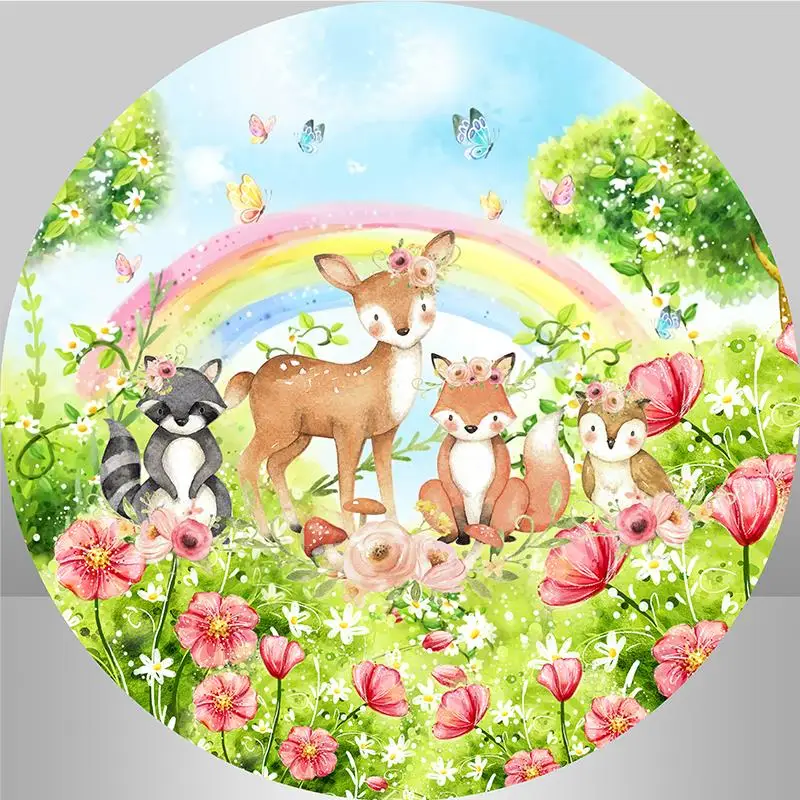 Animals Woodland Party Circle Background Fox Deer Baby Shower Cylinder Cover Rainbow Spring Flowers Gardens Round Backdrop Cover