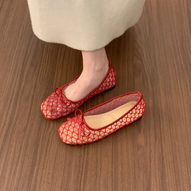 Women's Summer New Fashion Mesh Luxury Hollow-Out Designer Elegant Casual Bow Sandals Everyday Versatile Round Toe Sandals