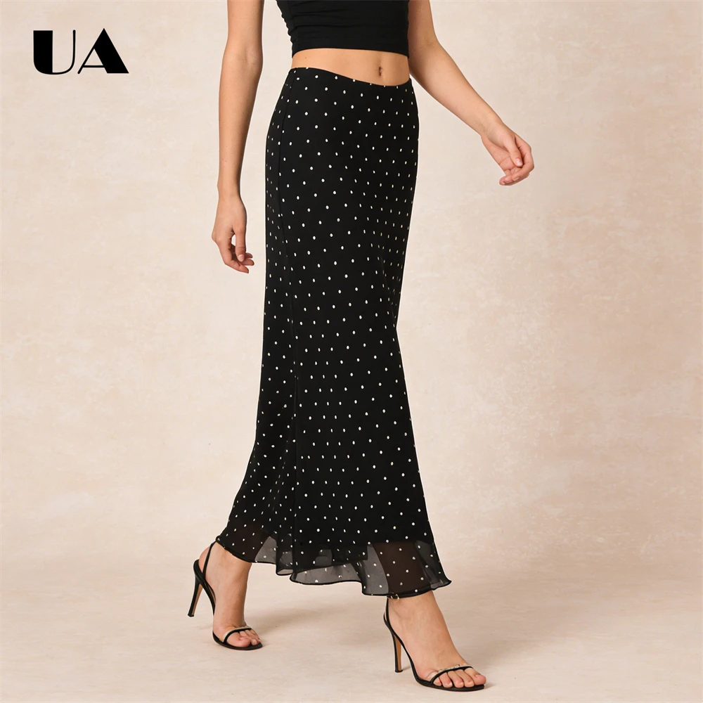 Black Dotka Mermaid Skirt for Women, 2026 Spring Summer Long Skirts, M-XL Fashion Skirts Casual Retro Chiffo Skirt