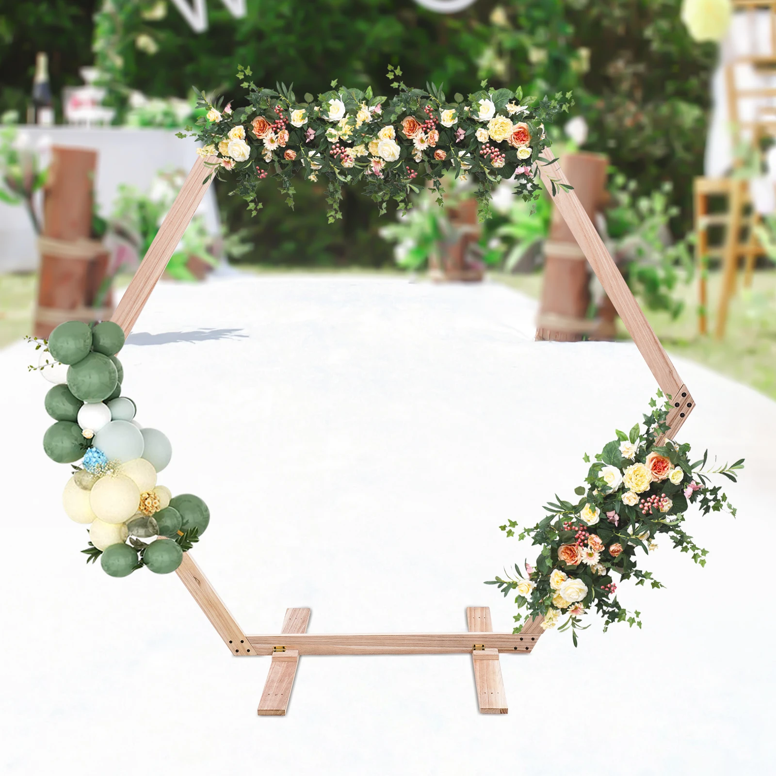 Wooden Hexagonal Wedding Arch 6.1 FT. Backdrop Stand Arbor Garden Party Decoration