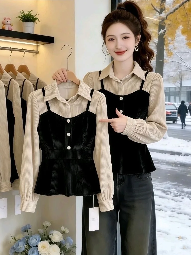 

Женская рубашка с цветовыми блоками, приталенная, весенняя, модная, с длинным рукавом, с завязками на талии, из смесового полиэстера и хлопка, для офиса/повседневного стиля