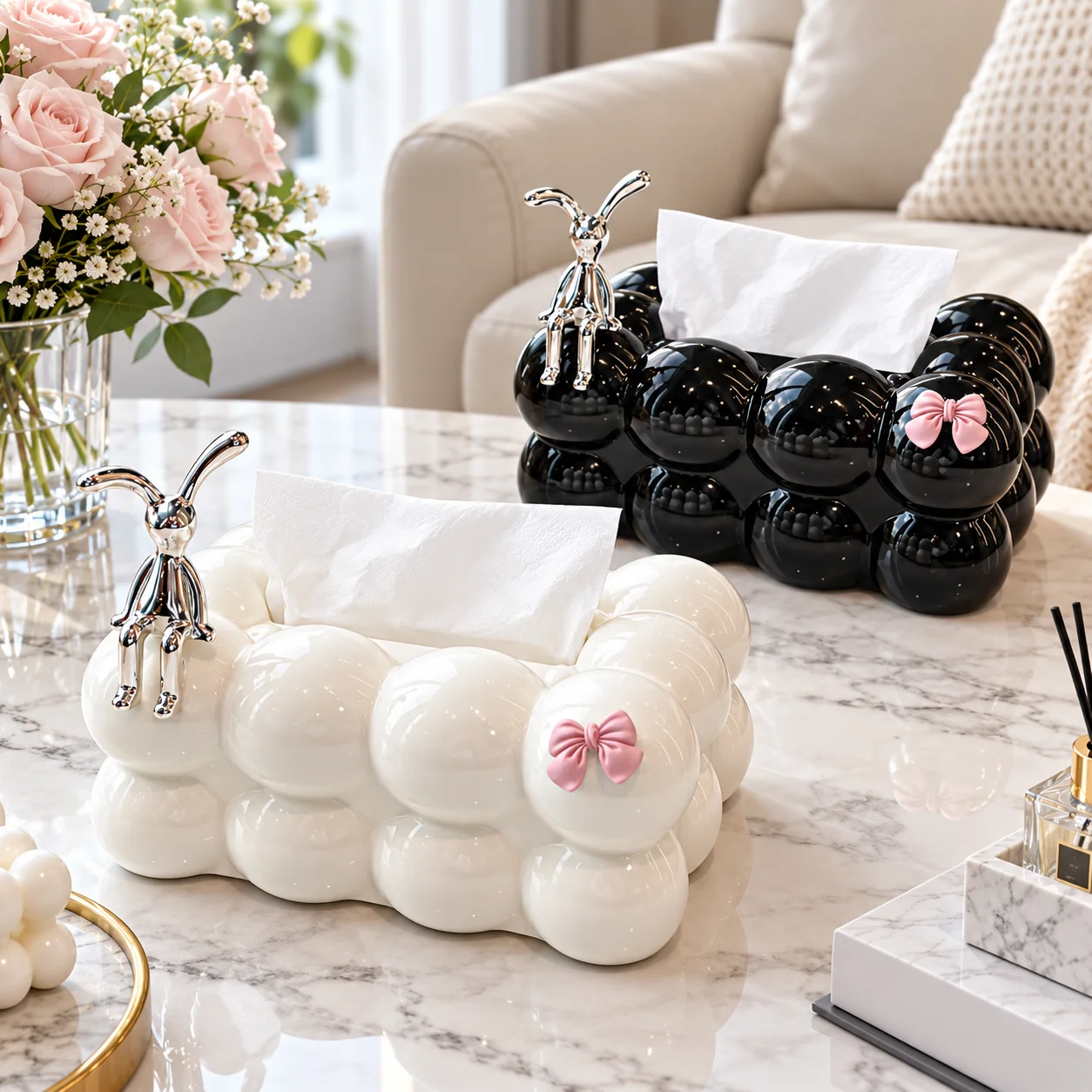Cloud Bubble Tissue Box Holder with Silver Rabbit & Pink Bow, Spring-Loaded Decorative Tissue Dispenser for Home Décor