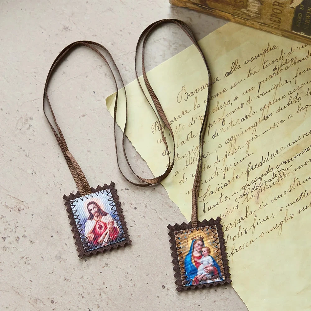 Catholic Brown Scapular 30x37mm Fabric Pendant Necklace Our Lady of Mt Carmel Jesus Escapulario Devotional Christian Jewelry