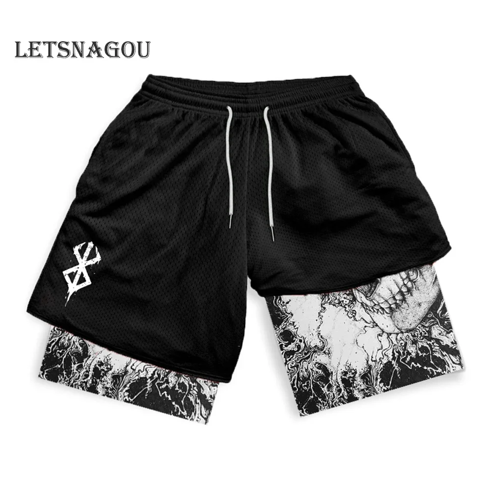 Berserk Guts Anime Shorts Skull Print Y2K 2 in 1 Gym Shorts Men Fitness Mesh Quick Dry Performance Short Pants Workout Summer