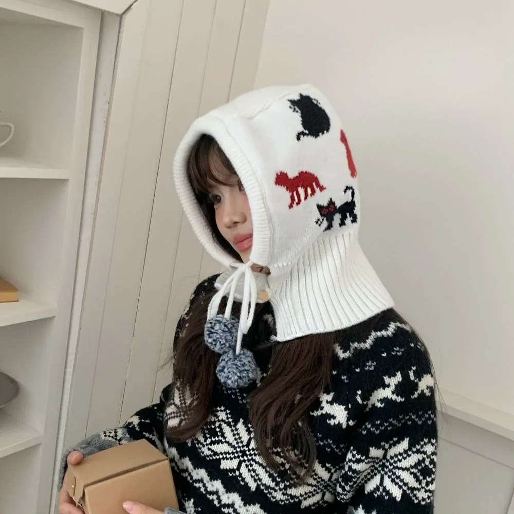 

Warm Pullover Hat Jacquard Balaclava Hat Kitten Red Ear Protection Hat Horn Button Simple Winter Cap Female/Girls