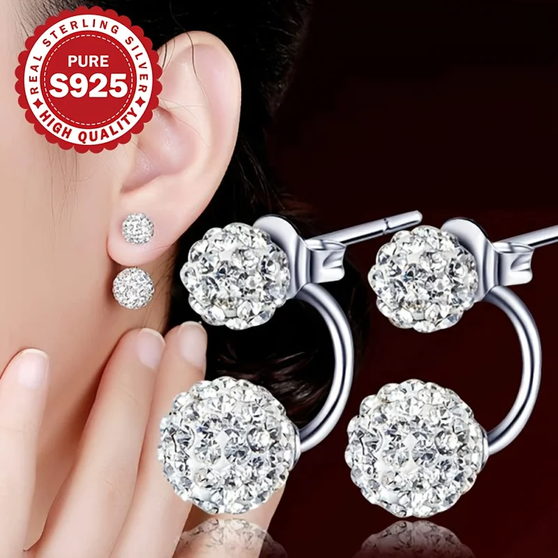 S925 Sterling Silver Ladies Earrings Shamballa Spiral Studs with Shiny Double Ball Pendants for Party And Wedding Allergy Free view 2