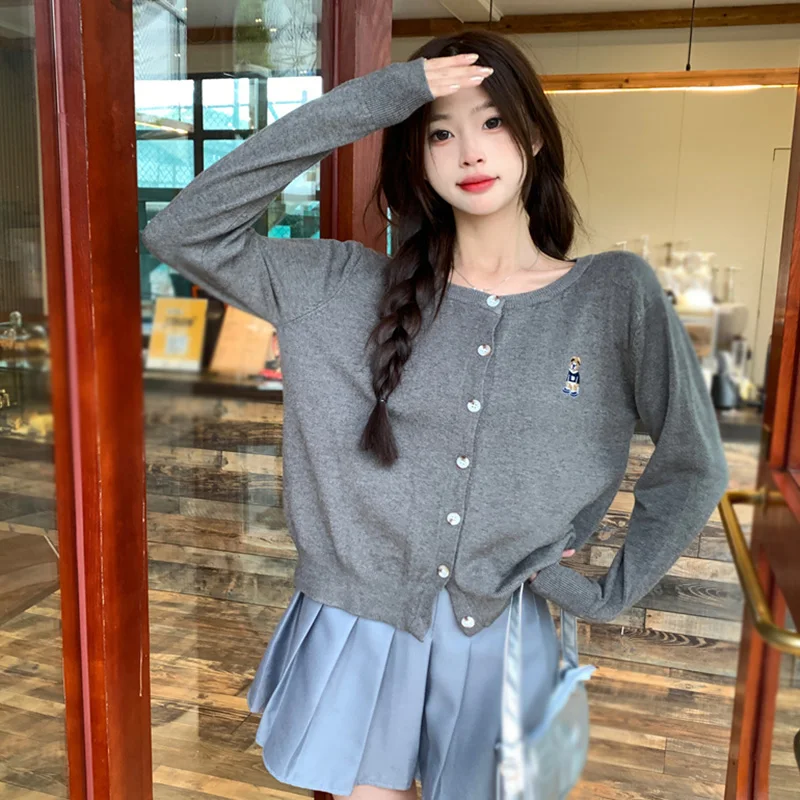 Spring Autumn Women Cardigan Fashion Embroidered Bear Long Sleeve Simple Casual Retro Slim Round Neck Korean Version