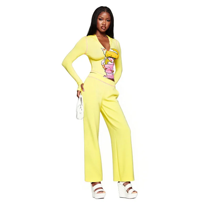 

STYLISH LADY Cartoon Letter Printed Sports 2 Piece Set Women Long Sleeve Hoodies Crop Top and Pant Suits 2025 Autumn Tracksuits