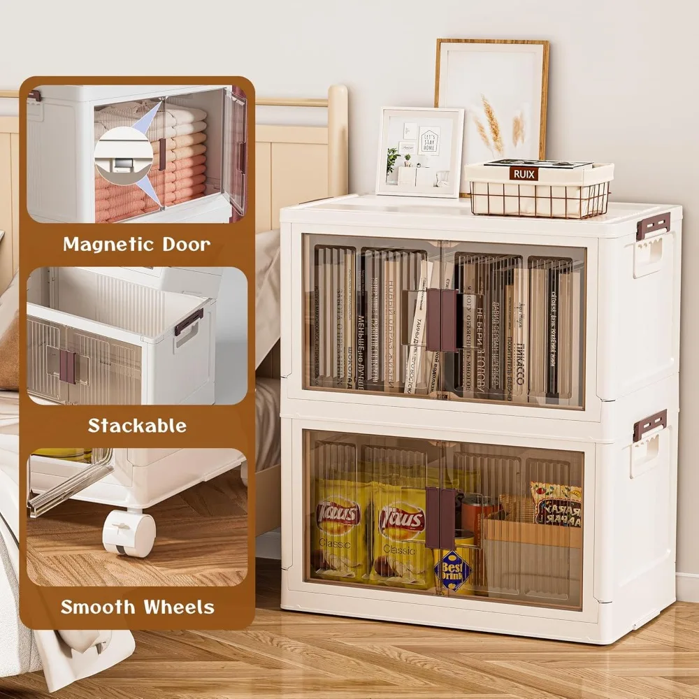 صناديق تخزين بلاستيكية كبيرة قابلة للتكديس مكونة من 3 طبقات مع أغطية وعجلات وأبواب، مثالية لتخزين الملابس