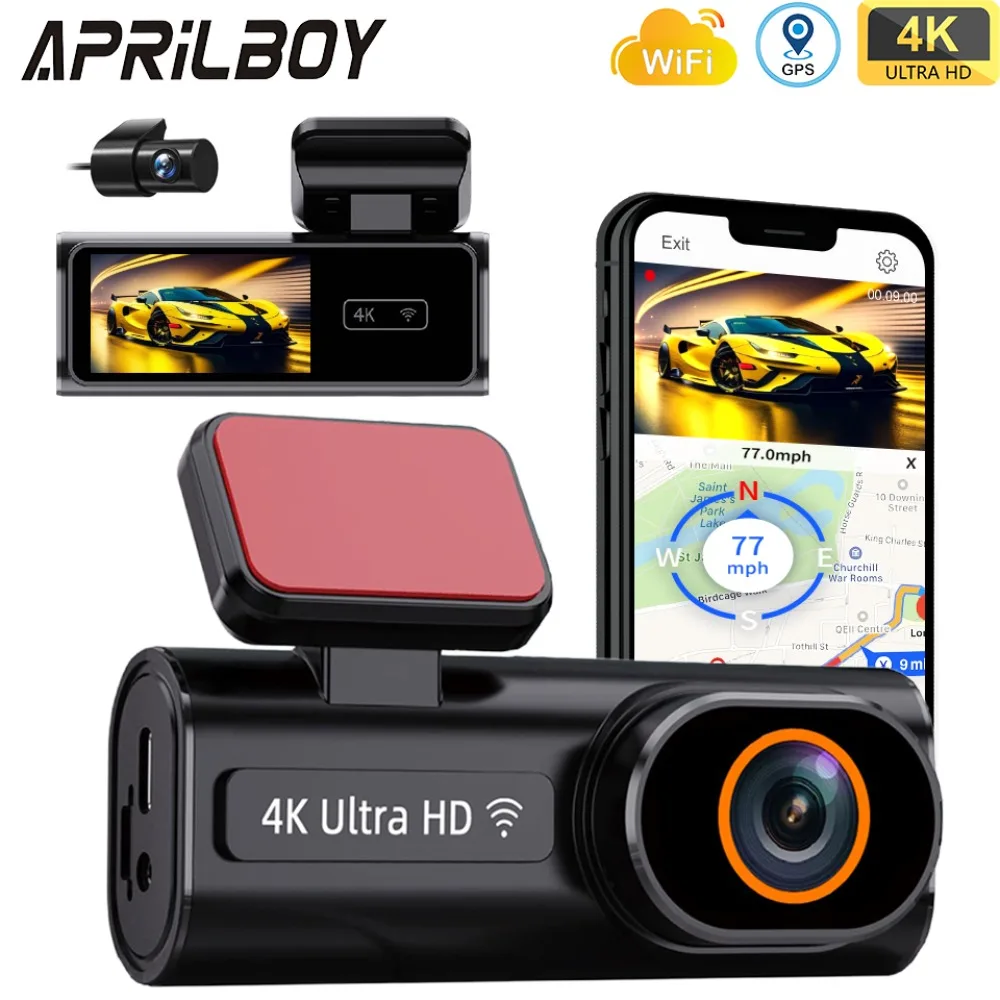 Aprilboy K6 WIFI Dash Cam 4K Mini รถ DVR ด้านหน้าและด้านหลัง Dual เลนส์ 1080P สีดํากล่อง Room Night Vision กล้องที่จอดรถ