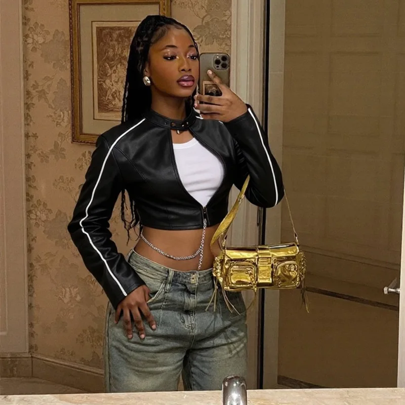 

Leather PU Jacket Women Crop Varsity Baseball Coats Y2K Streetwear 2025 Winter Fall Black Cyber Racer Jackets Coats