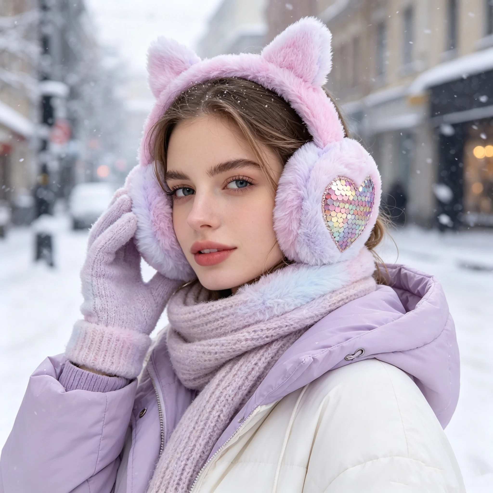 Autumn and Winter Gradient Plush Warm Earmuffs for Women, with Reversible Iridescent Sequin Heart Decoration, Cute Cat Ears, Thickened for Cold Protection, Foldable, Suitable for Outdoor Use in Snowy Conditions, Windproof Ear Protection Accessories, Available in Multiple Colors