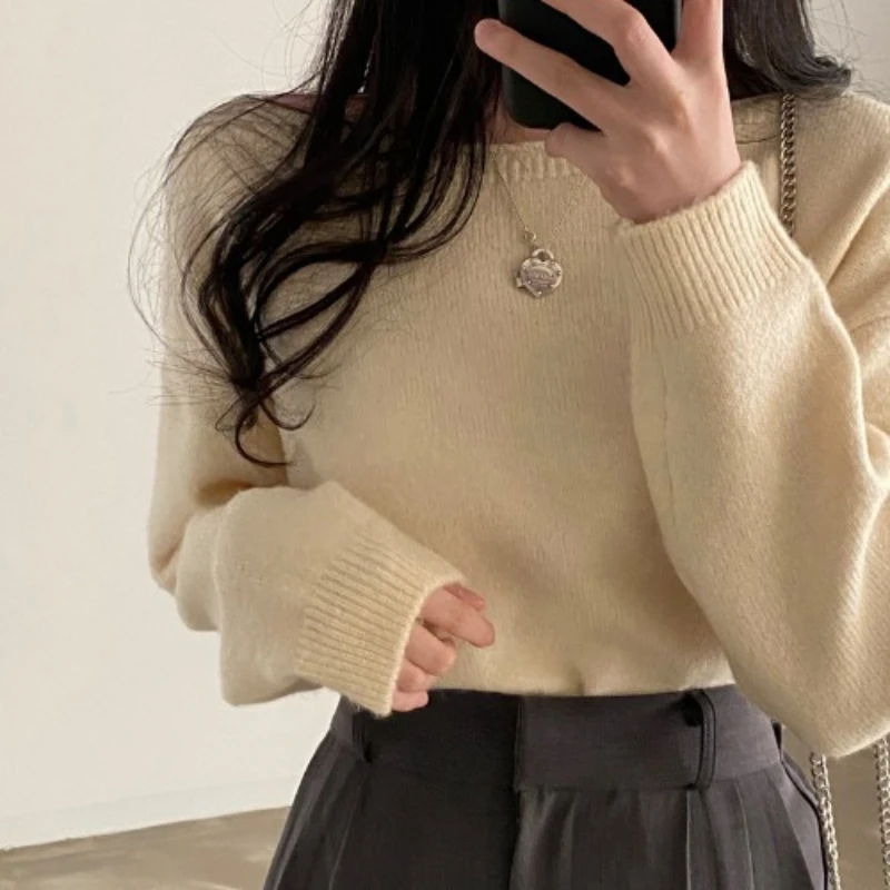 Women Casual Pullovers Solid Soft Comfortable Tender Daily Knitted Autumn Korean Style Long Sleeve Skin-friendly Simple Retro