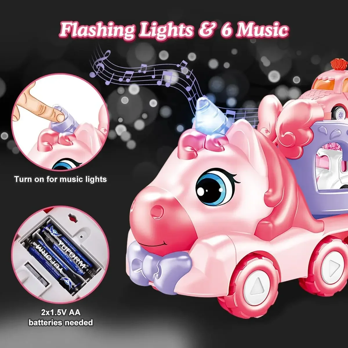 5 in 1 Unicorn Carrier Truck Car Toys for Girls Unicorn Toddler Toys Car Set with Music & Light Birthday Gift for Baby Boys Kids