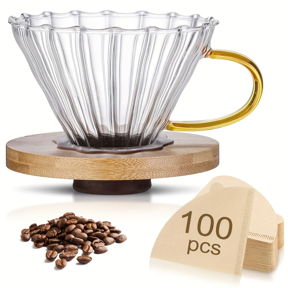 

Капельница для кофе с 100 шт. бумажным фильтром, конусная капельница для кофе с бамбуковым подносом, 1-4 чашки для дома, офиса