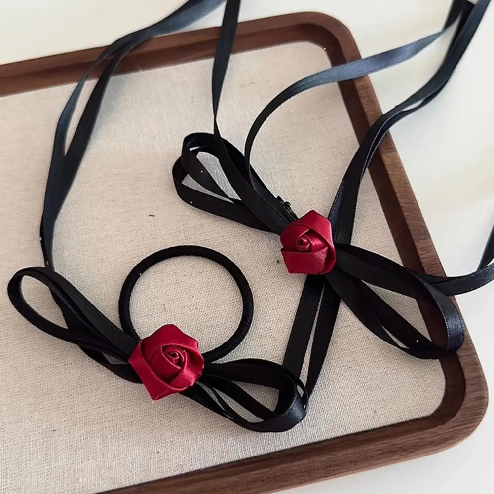 Photogenic Hair Clip Girl Hairpin with Smooth Edges Satin Fabric Ribbon Bow Rose Flower Decor Hair Clip for Buns Ponytails
