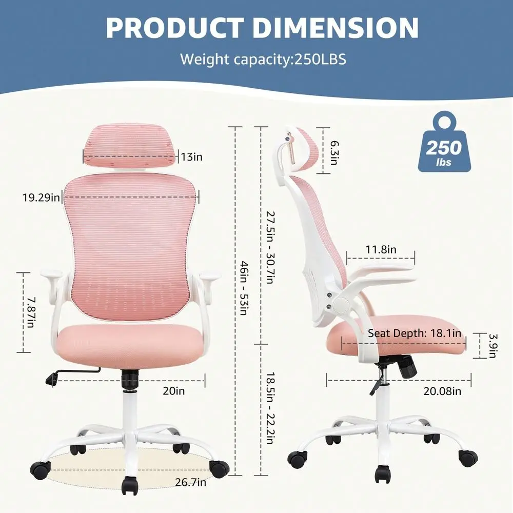 Home Office Desk Chair, Ergonomic HighBack Mesh Rolling Work Computer Chairs With Wheels And Adjustable Headrests, Comfortable