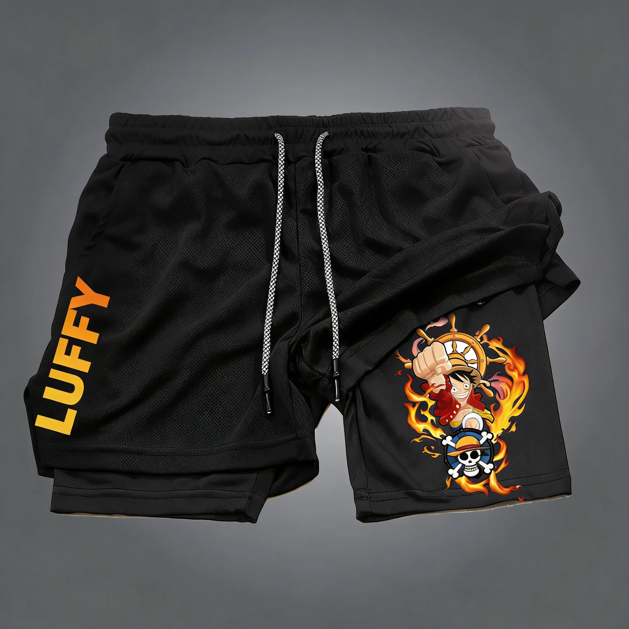 

ONE PIECE Anime Luffy Creative Printed Shorts Men's Summer New Trendy Breathable Speed Drying 2-in-1 Double Layer Shorts