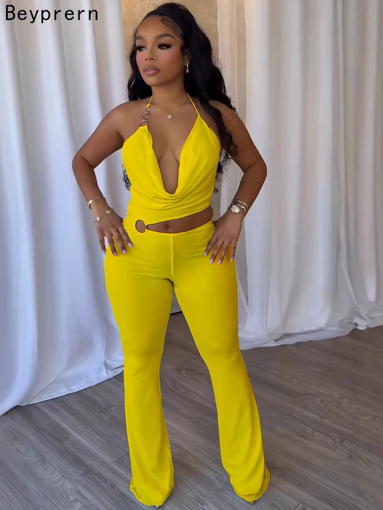 

Beyprern Womens Halter Neck Cut-Out Skinny Long Pants Jumpsuits Club Overalls Fashion Open Back Fitted Rompers Night Clubwear