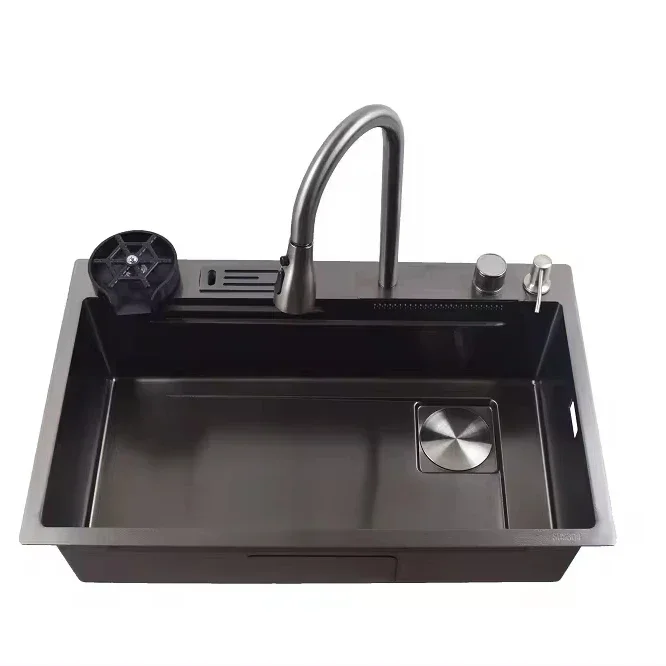 

YYHC-Water purifier faucet waterfall single bowl stainless steel black smart handmade multi function sink