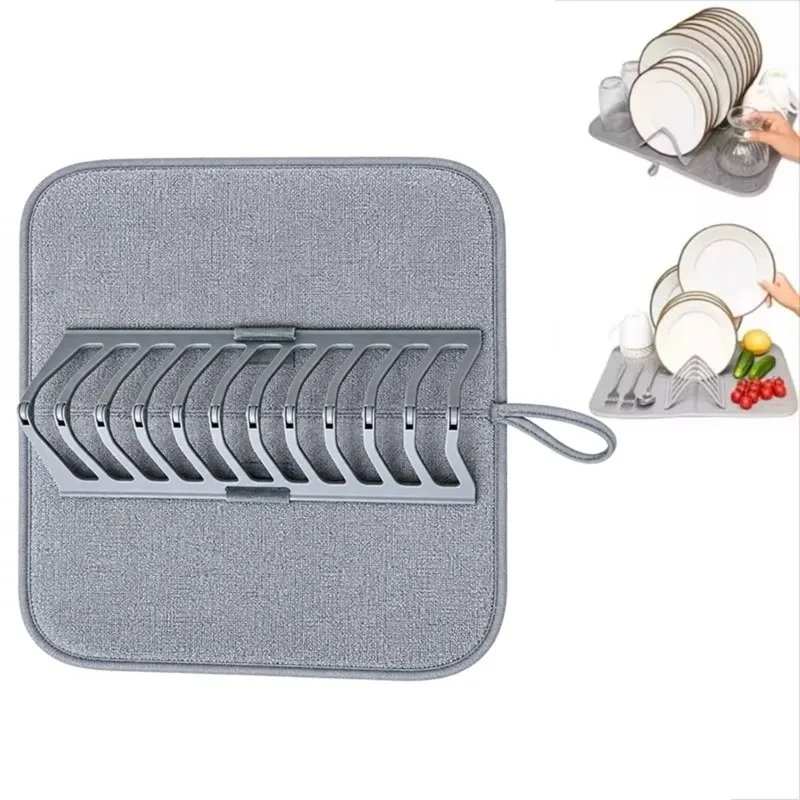Dish Drying Mat With Stackable Shelf Countertop Organizer Super Absorbent Dish Drying Rack Folding Dish Drainer Mat