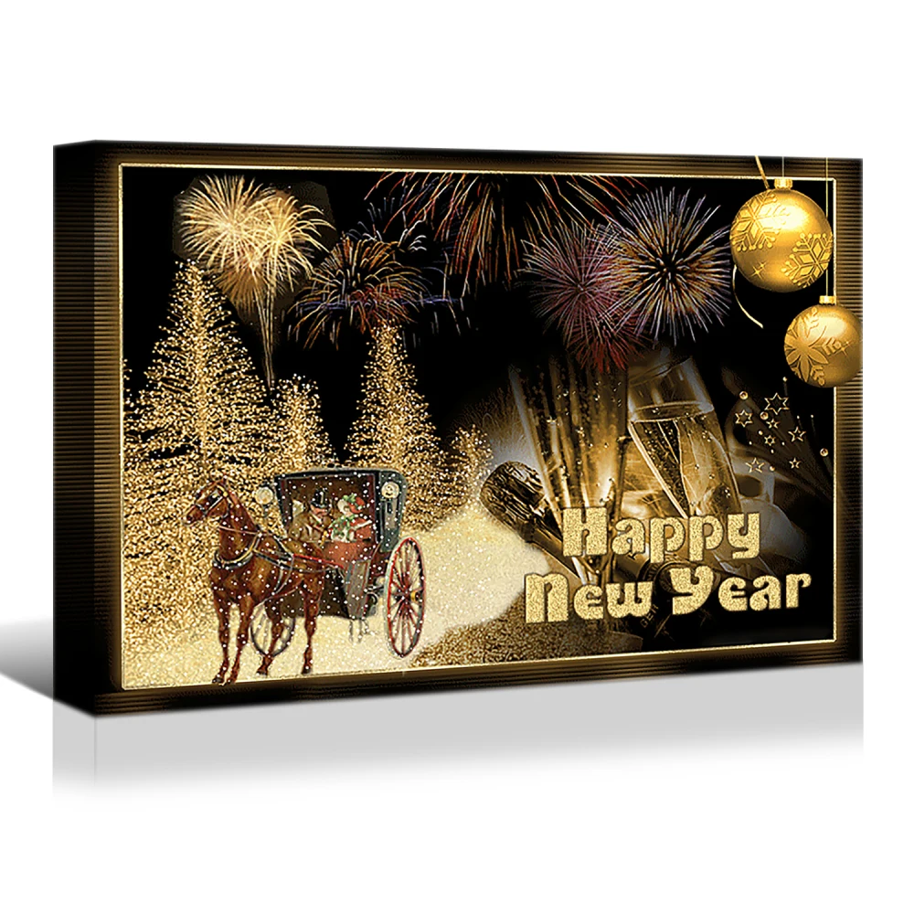 1pcs Framed Canvas Wall Art Decor Painting For New Year, Golden Happy New Year Gift Painting For New Year Gift