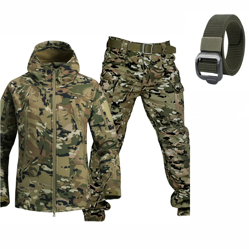 Conjunto de chaqueta y pantalones impermeables de piel de tiburón para invierno, abrigo grueso de felpa suave, adecuado para esquí, pesca, caza, senderismo