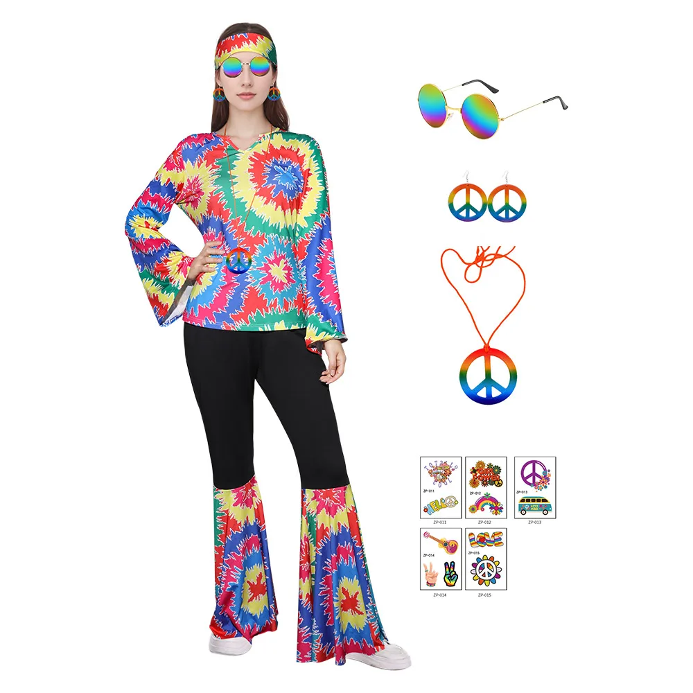 70s 80s Hippe Retro Cosplay 7pcs/Set Women Clothing Glasses Earrings Costume Hip Hop Medival Vintage Outfit Halloween Party Suit