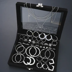 47 Pcs Fashion Hoop Earrings Necklaces Ring Set For Women Silver Color Butterfly Heart Pearl Party Combinations Jewelry Set 2025