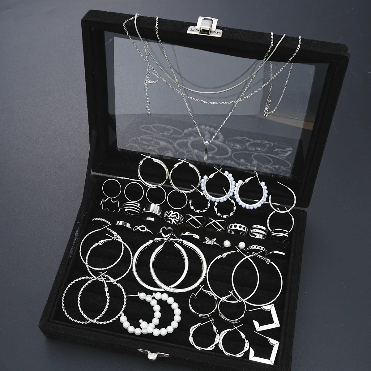 47 Pcs Fashion Hoop Earrings Necklaces Ring Set For Women Silver Color Butterfly Heart Pearl Party Combinations Jewelry Set 2025