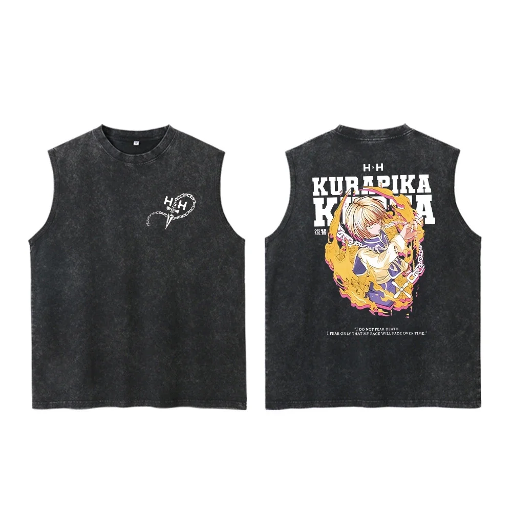 Camiseta sin mangas Hunter x Hunter Kurapika 2026 con efecto acid wash, estampado de anime Scarlet Eyes, estilo oversize de algodón grunge streetwear