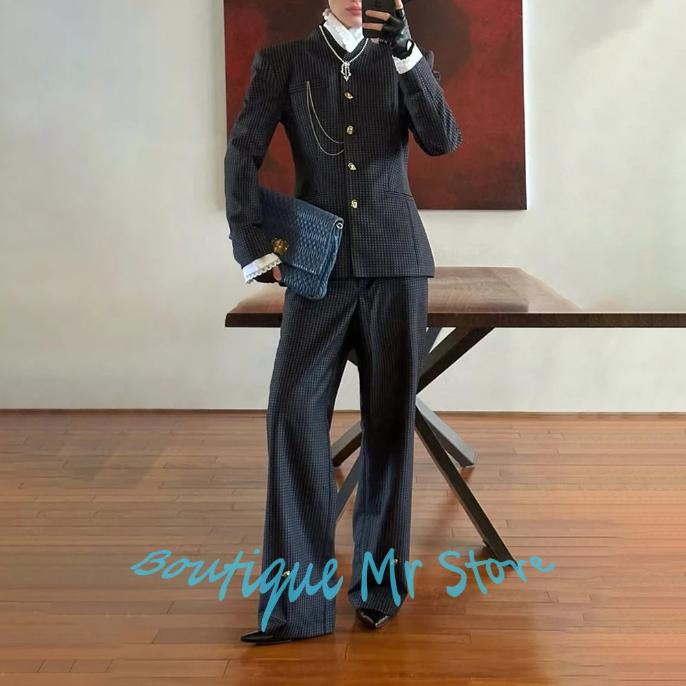 

Dark Houndstooth Tailored Women's Suit Set Single Breasted Stand Collar Blazer Modern Vintage 2 Piece for Formal Evening Parties