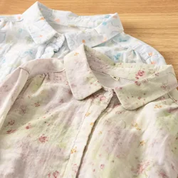 Enianechu Youth women's blouses Japanese art style cotton yarn blue green print shirts and blouses for women autumn ladies tops