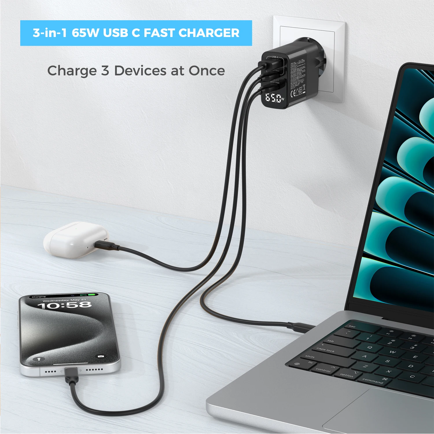 EU plug 65W 3-Port USB-C Charger with LED Display,  Fast Charging for MacBook, iPad Pro/Air, iPhone 17/16/15/14, Samsung view 4