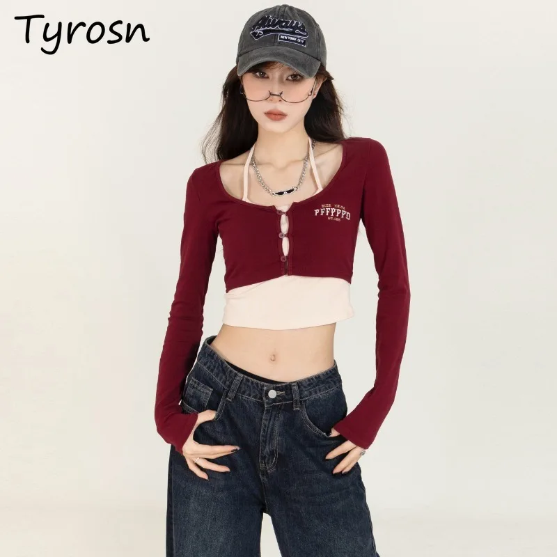 Summer T-shirts Women Embroidery Fake 2pics Design Korean Style Simple Office Lady Crop Tops Sexy Slim Hot Girls Street Fashion