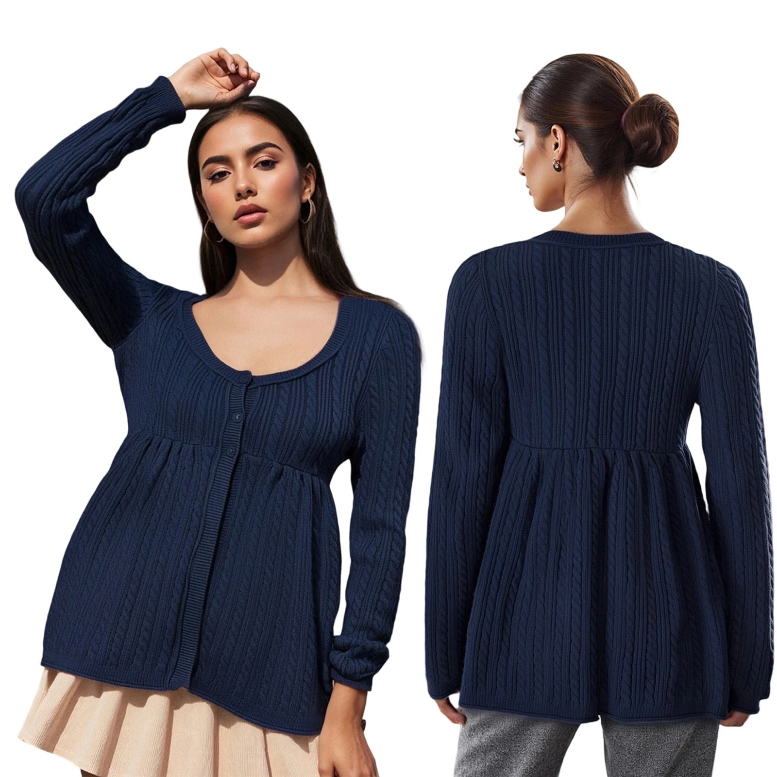 

Women s Autumn Knit Button Sweater Long Sleeve U Neck Solid Color Split Hem Knitwear