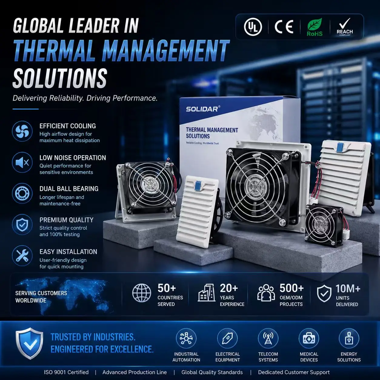 SOLIDAR High-Efficiency Cooling Fans, Filter Grills & Enclosure Ventilation Systems with Dual Ball Bearings, Low Noise Operation
