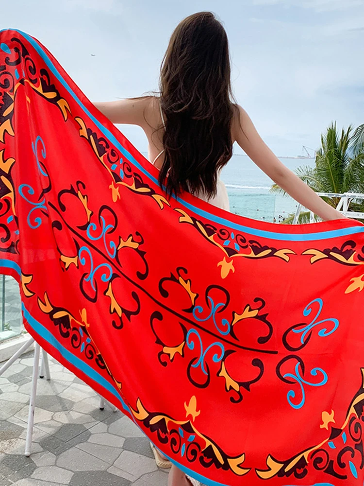 Travel Vacation Vintage Casual Women Silk Scarf Floral Print Sarong Beach Wrap Shawl Lady Sunscreen Bandana Hijab Scarve Pareo