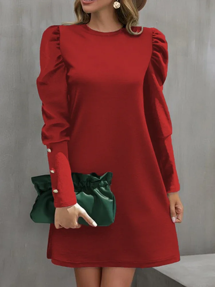 

Women Casual Solid Long Sleeve Dress Vintage Straight Dress Long Sleeve Oversized Mini Dress Round Neck Bubble Sleeve Skirt