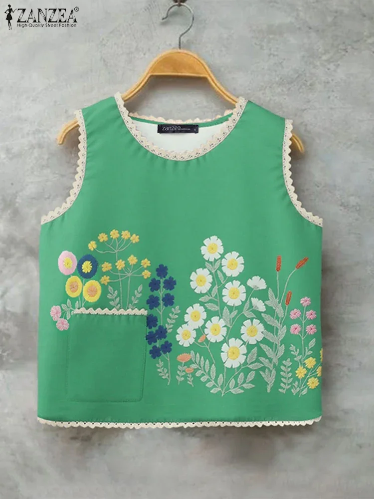 

ZANZEA Sleeveless Tanks Simple Deep O-neck Tops Vintage Patchwork Printed Camis Women 2025 Summer Beach Tees Casual Loose Tunic