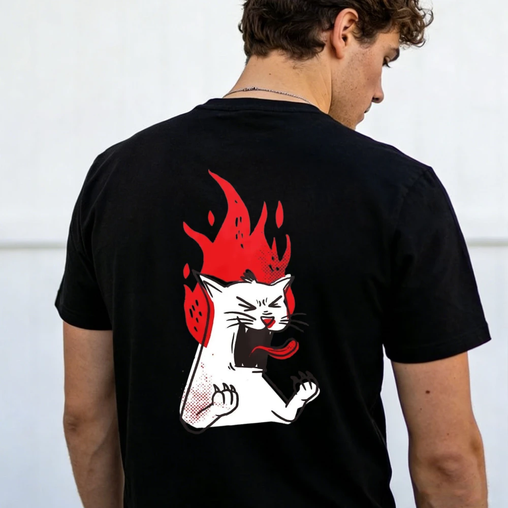 Funny T-shirt Tops Angry Cat with Red Flames Punk Rock Graphic T-Shirt Men Back Print Cotton Short Sleeve Streetwear Casual Tee