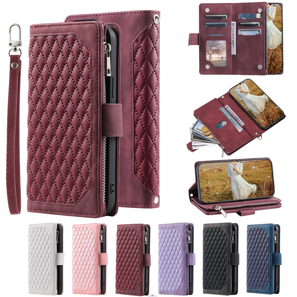 Fashion Zipper Wallet Case For Samsung Galaxy A70 Flip Cover Multi Card Slots Cover Phone Case Card Slot Folio with Wrist Strap