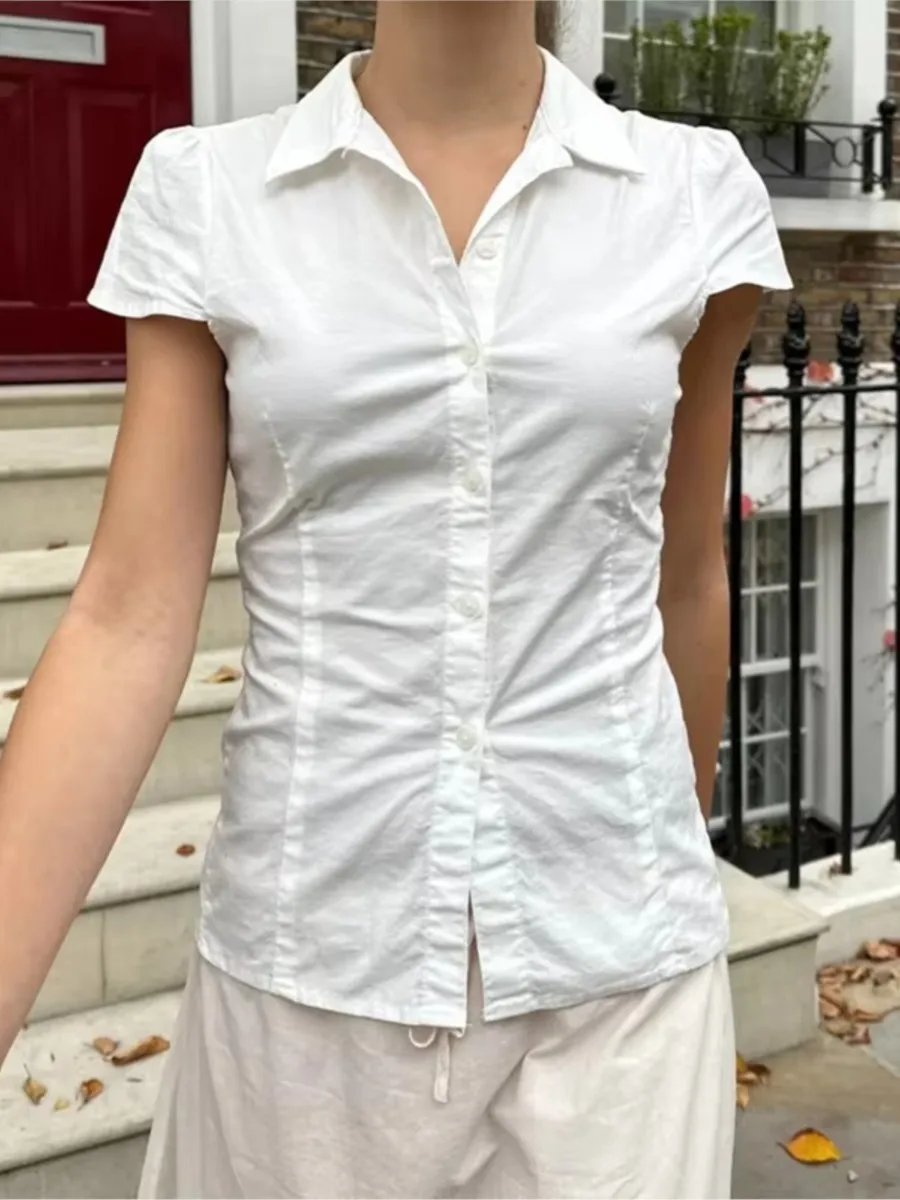 

White Lapel Slim Blouse Top Women New Casual Preppy Style Buttons Short Sleeve Tee Girls Sweet Cute Vintage T-shirts Y2K Tops