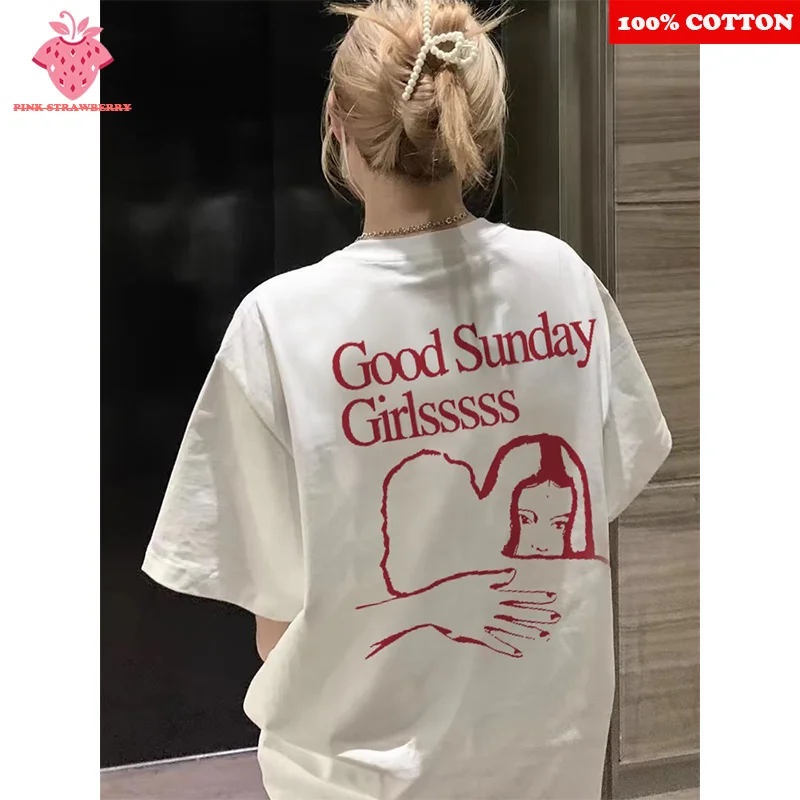 

American style Letter Printed T-shirt Women Summer 2025 New 100% Cotton Short sleeve Good Sunday Abstract Pattern Tee Y2k Top