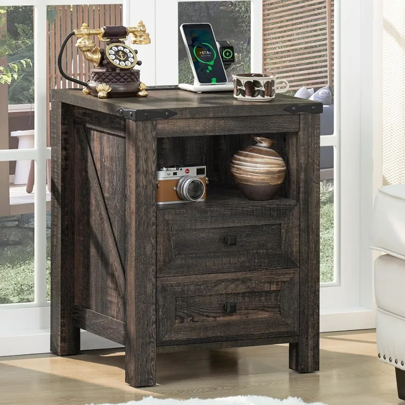 Nightstand with Charging Station and USB Port, Farmhouse Side End Table with 2 Drawers and Shelf Storage, Wooden Sofa Table